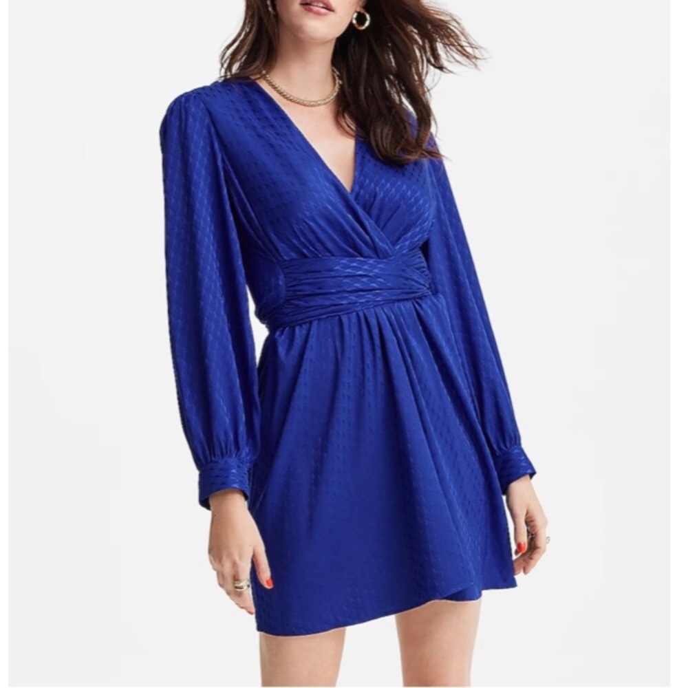 Express Jacquard Satin Tie Waist Long Sleeve Mini Dress